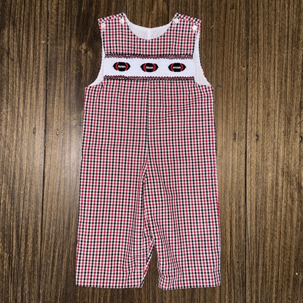 Red White Black Smocked Football Kids Gingham Longall Overalls Boutique